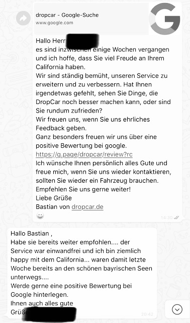 Ein Screenshot einer Kundenbewertung der DropCar GmbH